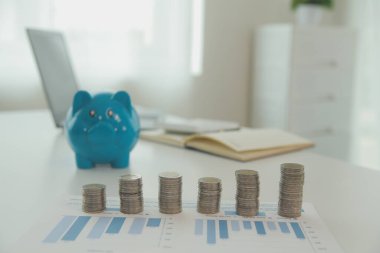 Para tasarrufu konsepti, Asyalı genç iş kadını tasarruf maliyeti için yönetim bütçesi, gelir tasarrufu, ödeme vergisi, yatırım için yeterli para harcamak için nakit finansman planlaması.