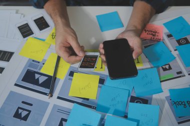 ux Grafik Tasarımcı Yaratıcı Tasarım Planlama Uygulama Süreç Geliştirme Web Cep telefonu için prototip kablo geliştirme. Kullanıcı deneyimi kavramı.