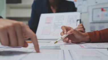 Çalışma alanı boyunca yayılmış prototip çizimleri kullanarak yeni uygulama arayüzü oluşturmada işbirliği yapan bir grup genç şarkıcı