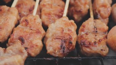Şişler üzerinde ızgara yapılan ve yanında sosis kızaran tavuk satayının detaylı görüntüsü..