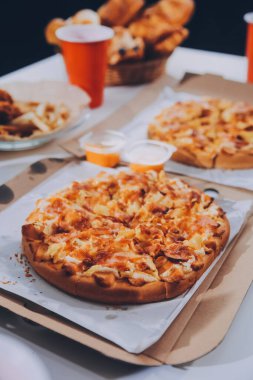 Pizza yiyen bir grup genç arkadaş. Ev partisi..