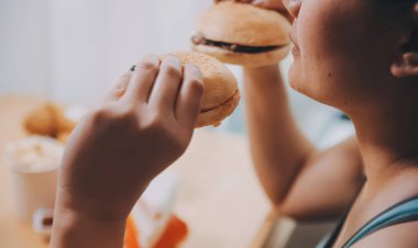 Fast food burger yiyen kadınlar, kovulmuş tavuk, donut ve tatlılarda aşırı yeme bozukluğu.