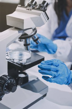 Laboratuvarda mikroskop kullanan bir bilim adamı. Laboratuvar ortamında modern bir mikroskobu ayarlayan bir araştırmacının ellerine yakın çekim. Bilim konsepti