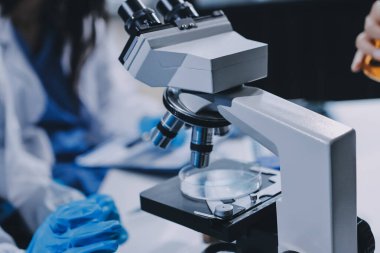 Laboratuvarda mikroskop kullanan bir bilim adamı. Laboratuvar ortamında modern bir mikroskobu ayarlayan bir araştırmacının ellerine yakın çekim. Bilim konsepti
