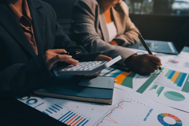 İş adamlarından oluşan bir ekip, pazarlama planı, piyasa araştırma raporları ve gelir istatistikleri, Mali ve Muhasebe kavramının verilerini analiz etmek üzere toplanıyor..