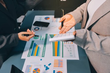 İş adamlarından oluşan bir ekip, pazarlama planı, piyasa araştırma raporları ve gelir istatistikleri, Mali ve Muhasebe kavramının verilerini analiz etmek üzere toplanıyor..