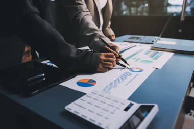 İş adamlarından oluşan bir ekip, pazarlama planı, piyasa araştırma raporları ve gelir istatistikleri, Mali ve Muhasebe kavramının verilerini analiz etmek üzere toplanıyor..