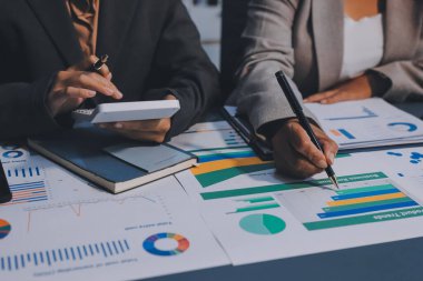 İş adamlarından oluşan bir ekip, pazarlama planı, piyasa araştırma raporları ve gelir istatistikleri, Mali ve Muhasebe kavramının verilerini analiz etmek üzere toplanıyor..