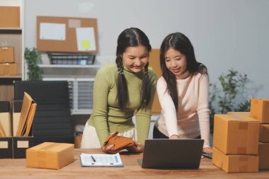 Girişim KOBİ küçük işletme girişimcisi önlük giyen Asyalı kadın dizüstü bilgisayar ve kutu kullanarak çevrimiçi müşterilere, çevrimiçi sme iş fikirlerine satış hazırlamak için siparişleri alır ve gözden geçirir.