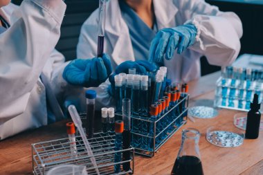 Laboratuvarda kan testi. Dispanser ile çalışan laboratuvar asistanı. Kanlı vakum tüpleri..