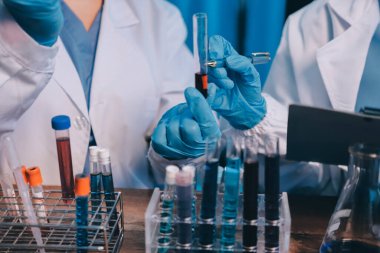 Laboratuvarda kan testi. Dispanser ile çalışan laboratuvar asistanı. Kanlı vakum tüpleri..