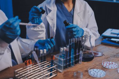 Laboratuvarda kan testi. Dispanser ile çalışan laboratuvar asistanı. Kanlı vakum tüpleri..