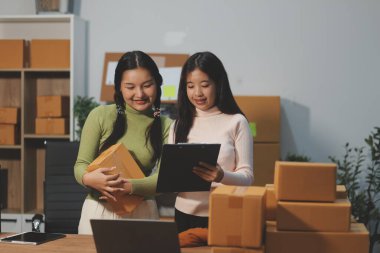 Girişim KOBİ küçük işletme girişimcisi önlük giyen Asyalı kadın dizüstü bilgisayar ve kutu kullanarak çevrimiçi müşterilere, çevrimiçi sme iş fikirlerine satış hazırlamak için siparişleri alır ve gözden geçirir.