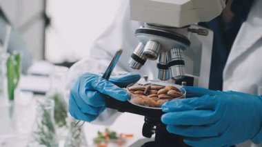 Laboratuvarda mikro eldivenli laboratuvar asistanının yakın görüntüsü.