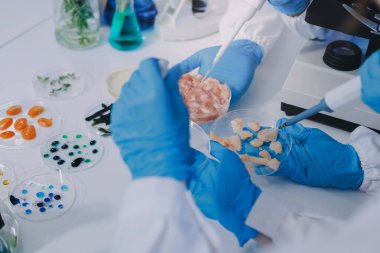 Laboratuvardaki Asyalı bilim adamları mikroskop ve laboratuvar ekipmanları kullanarak gıda araştırmaları yapıyor, gıda bilimi ve biyoteknoloji alanında yenilikler sergiliyorlar.