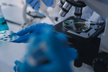 Laboratuvardaki kimyagerler kozmetik ürünler geliştiriyor, kalite ve etkinlik için formülleri test ediyor ve analiz ediyorlar..