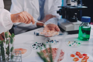 Laboratuvardaki Asyalı bilim adamları mikroskop ve laboratuvar ekipmanları kullanarak gıda araştırmaları yapıyor, gıda bilimi ve biyoteknoloji alanında yenilikler sergiliyorlar.