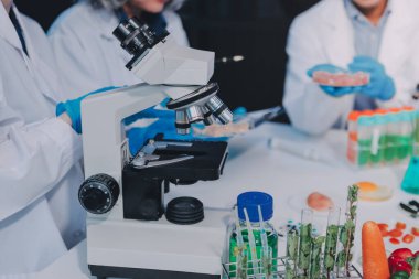 Laboratuvardaki Asyalı bilim adamları mikroskop ve laboratuvar ekipmanları kullanarak gıda araştırmaları yapıyor, gıda bilimi ve biyoteknoloji alanında yenilikler sergiliyorlar.