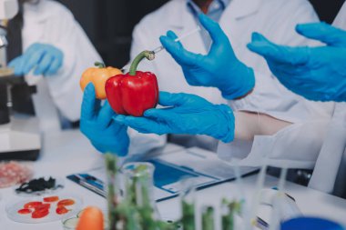 Laboratuvardaki Asyalı bilim adamları mikroskop ve laboratuvar ekipmanları kullanarak gıda araştırmaları yapıyor, gıda bilimi ve biyoteknoloji alanında yenilikler sergiliyorlar.