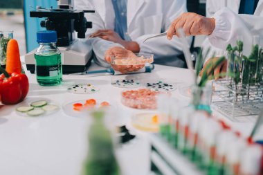 Laboratuvardaki Asyalı bilim adamları mikroskop ve laboratuvar ekipmanları kullanarak gıda araştırmaları yapıyor, gıda bilimi ve biyoteknoloji alanında yenilikler sergiliyorlar.