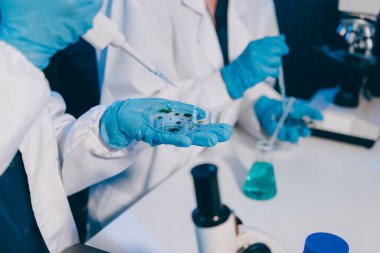 Laboratuvardaki kimyagerler kozmetik ürünler geliştiriyor, kalite ve etkinlik için formülleri test ediyor ve analiz ediyorlar..