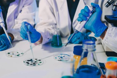 Laboratuvardaki kimyagerler kozmetik ürünler geliştiriyor, kalite ve etkinlik için formülleri test ediyor ve analiz ediyorlar..