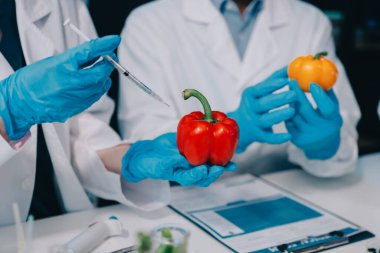 Laboratuvardaki Asyalı bilim adamları mikroskop ve laboratuvar ekipmanları kullanarak gıda araştırmaları yapıyor, gıda bilimi ve biyoteknoloji alanında yenilikler sergiliyorlar.