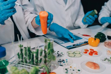 Laboratuvardaki Asyalı bilim adamları mikroskop ve laboratuvar ekipmanları kullanarak gıda araştırmaları yapıyor, gıda bilimi ve biyoteknoloji alanında yenilikler sergiliyorlar.