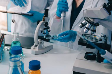 Laboratuvardaki kimyagerler kozmetik ürünler geliştiriyor, kalite ve etkinlik için formülleri test ediyor ve analiz ediyorlar..