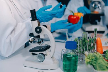 Laboratuvardaki Asyalı bilim adamları mikroskop ve laboratuvar ekipmanları kullanarak gıda araştırmaları yapıyor, gıda bilimi ve biyoteknoloji alanında yenilikler sergiliyorlar.