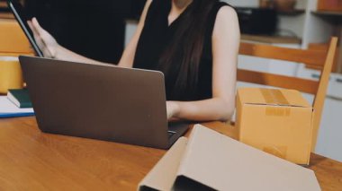 Genç bayan girişimci çevrimiçi iş ve dağıtım hizmeti için dizüstü bilgisayar kullanıyor.