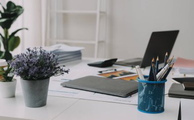 Mali Danışmanlık Servisi ekibi. Danışmanlık bürosundaki müşterilere yatırım planını gösteren Asyalı danışman.