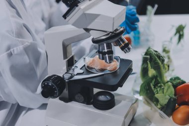 Yiyecek Tedarik Kimya Laboratuvarı. Laboratuvarda yiyecek, DNA modifiye edildi. Laboratuvarda genetik olarak değiştirilmiş gıdalar.