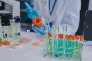 Yiyecek Tedarik Kimya Laboratuvarı. Laboratuvarda yiyecek, DNA modifiye edildi. Laboratuvarda genetik olarak değiştirilmiş gıdalar.