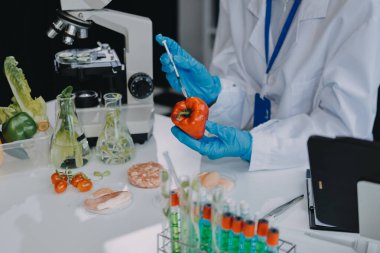 Yiyecek Tedarik Kimya Laboratuvarı. Laboratuvarda yiyecek, DNA modifiye edildi. Laboratuvarda genetik olarak değiştirilmiş gıdalar.