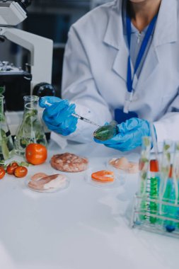 Yiyecek Tedarik Kimya Laboratuvarı. Laboratuvarda yiyecek, DNA modifiye edildi. Laboratuvarda genetik olarak değiştirilmiş gıdalar.