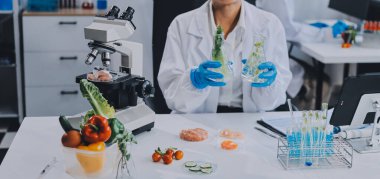 Yiyecek Tedarik Kimya Laboratuvarı. Laboratuvarda yiyecek, DNA modifiye edildi. Laboratuvarda genetik olarak değiştirilmiş gıdalar.