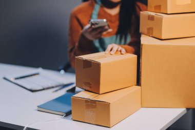 Girişim KOBİ küçük işletme girişimcisi önlük giyen Asyalı kadın dizüstü bilgisayar ve kutu kullanarak çevrimiçi müşterilere, çevrimiçi sme iş fikirlerine satış hazırlamak için siparişleri alır ve gözden geçirir.