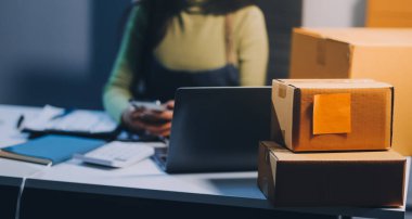 Girişim KOBİ küçük işletme girişimcisi önlük giyen Asyalı kadın dizüstü bilgisayar ve kutu kullanarak çevrimiçi müşterilere, çevrimiçi sme iş fikirlerine satış hazırlamak için siparişleri alır ve gözden geçirir.