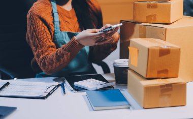 Girişim KOBİ küçük işletme girişimcisi önlük giyen Asyalı kadın dizüstü bilgisayar ve kutu kullanarak çevrimiçi müşterilere, çevrimiçi sme iş fikirlerine satış hazırlamak için siparişleri alır ve gözden geçirir.