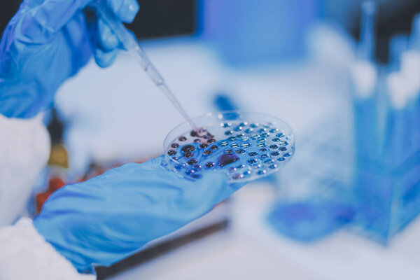 Research, experiment and medical trial being done by a scientist in a lab, science facility or hospital. One young, serious and professional researcher organizing, sorting or making a discovery