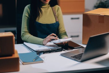 Girişim KOBİ küçük işletme girişimcisi önlük giyen Asyalı kadın dizüstü bilgisayar ve kutu kullanarak çevrimiçi müşterilere, çevrimiçi sme iş fikirlerine satış hazırlamak için siparişleri alır ve gözden geçirir.