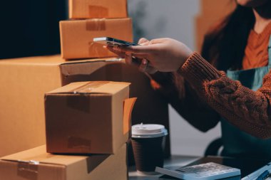 Girişim KOBİ küçük işletme girişimcisi önlük giyen Asyalı kadın dizüstü bilgisayar ve kutu kullanarak çevrimiçi müşterilere, çevrimiçi sme iş fikirlerine satış hazırlamak için siparişleri alır ve gözden geçirir.