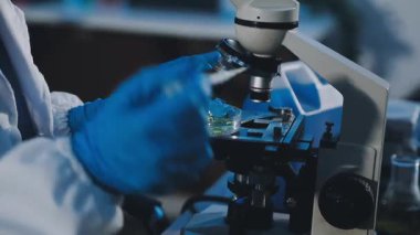 Bilim adamı bir pipet tutuyor ve araştırma yapıyor.