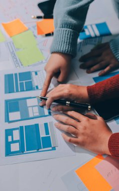 UX UI tasarımcısı prototipi bir telefon üzerinde test ediyor, web sitesi ve mobil uygulama tasarım konseptinde bir web sitesi ve mobil uygulama prototipi için telgraflar üzerinde tartışıyor ve beyin fırtınası yapıyor.