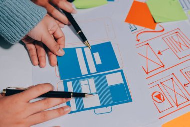 UX UI tasarımcısı prototipi bir telefon üzerinde test ediyor, web sitesi ve mobil uygulama tasarım konseptinde bir web sitesi ve mobil uygulama prototipi için telgraflar üzerinde tartışıyor ve beyin fırtınası yapıyor.