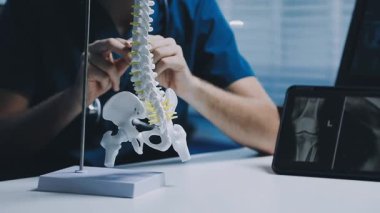 Erkek doktor bir iskeletin röntgenini gösteriyor..