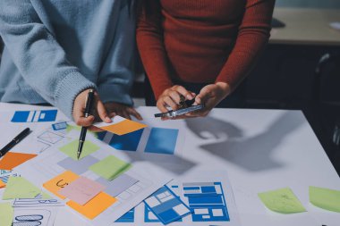 UX UI tasarımcısı prototipi bir telefon üzerinde test ediyor, web sitesi ve mobil uygulama tasarım konseptinde bir web sitesi ve mobil uygulama prototipi için telgraflar üzerinde tartışıyor ve beyin fırtınası yapıyor.