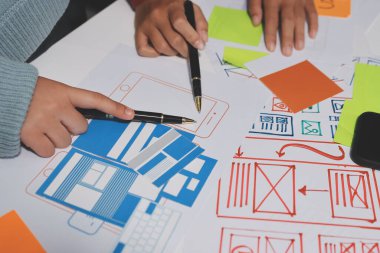 UX UI tasarımcısı prototipi bir telefon üzerinde test ediyor, web sitesi ve mobil uygulama tasarım konseptinde bir web sitesi ve mobil uygulama prototipi için telgraflar üzerinde tartışıyor ve beyin fırtınası yapıyor.