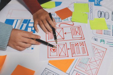 UX UI tasarımcısı prototipi bir telefon üzerinde test ediyor, web sitesi ve mobil uygulama tasarım konseptinde bir web sitesi ve mobil uygulama prototipi için telgraflar üzerinde tartışıyor ve beyin fırtınası yapıyor.